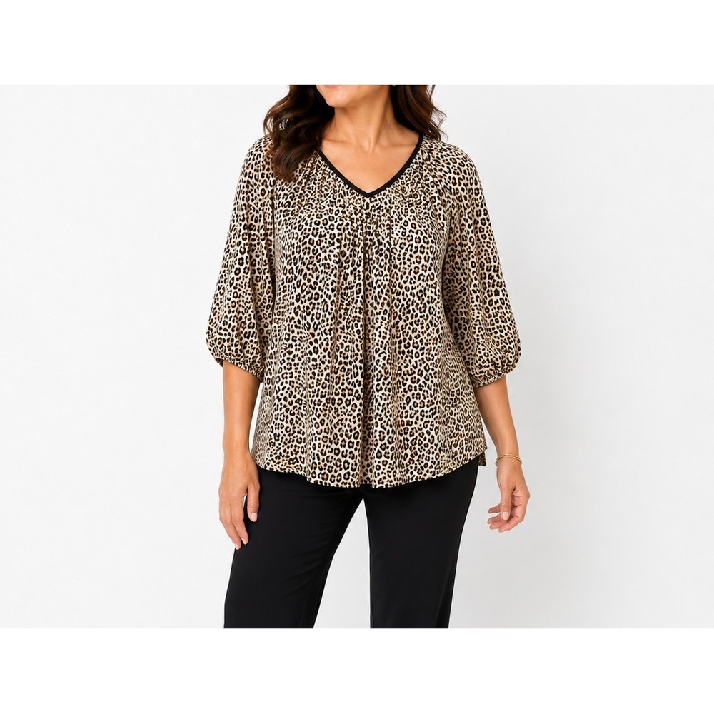 Chicos Leopard Print Linen V-Neck Top Brown Tan 3/4 Puff Sleeve Blouse Size 2 L